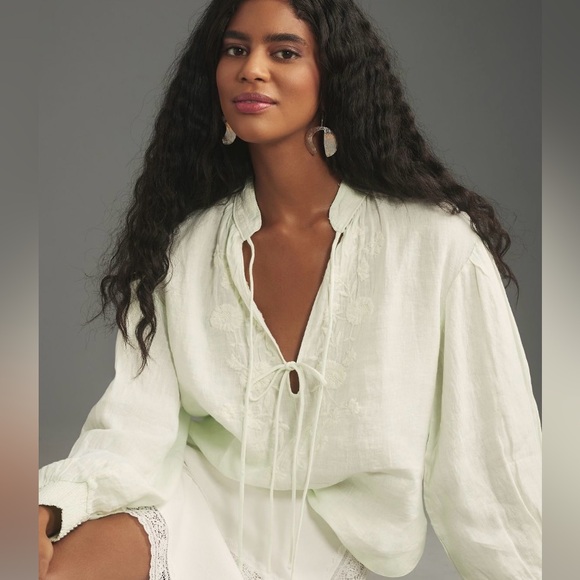 By Anthropologie Linen Long-Sleeve Blouse Mint NWT Size Large Petite - Picture 4 of 9